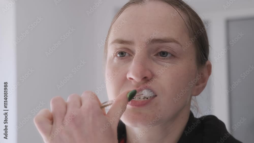 Woman focusing on brushing her teeth in slow motion, showcasing a morning routine for dental hygiene and fresh smiles Woman focusing on brushing her teeth in slow motion, showcasing a morning routine for dental hygiene and fresh smiles