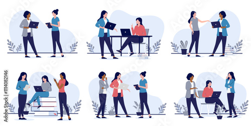 Women working in office illustration collection - Set of vector graphics with professional team of businesswomen using laptop computers doing teamwork and work together in workplace in flat design
