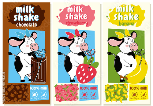 A set of labels for milkshakes.  Milkshakes for children with a retro-style illustration of a cow drinking a drink from a glass. Strawberry, banana and chocolate flavored drinks.