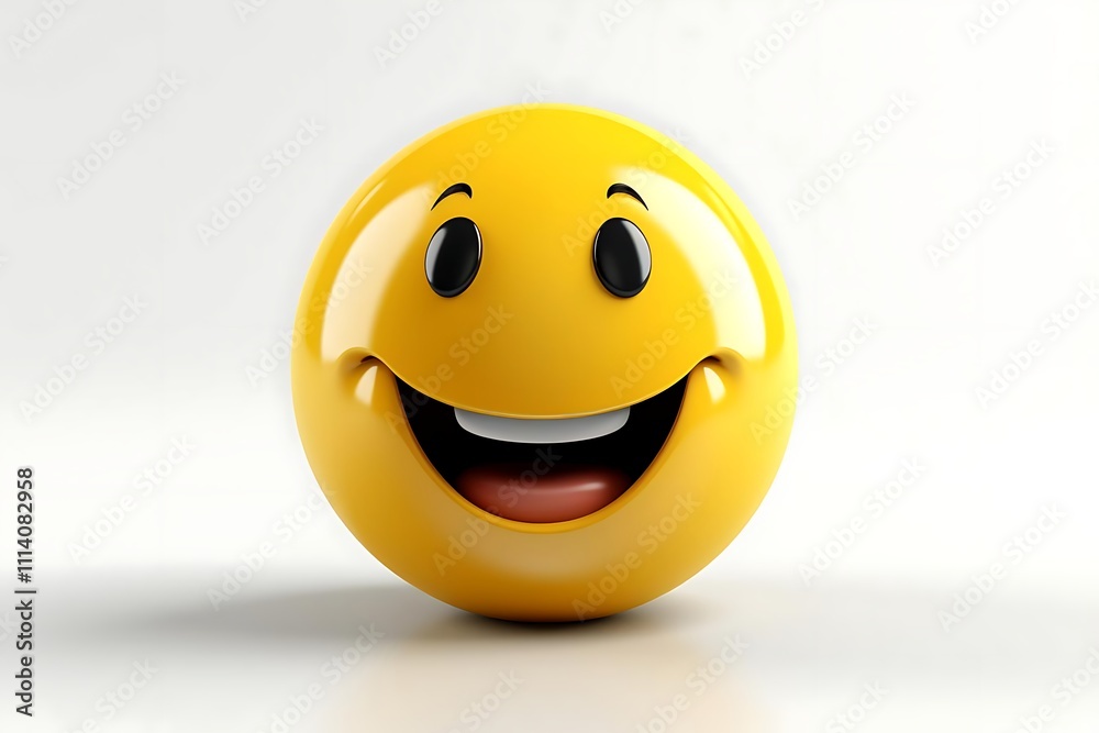Fototapeta premium A cheerful, shiny yellow emoticon with a wide smile, rendered in 3D against a white background.