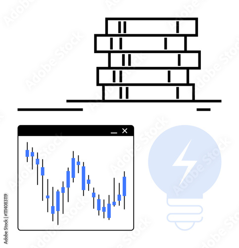 Data represented in stacked bars, fluctuating chart on computer window, light bulb with bolt overlay. Ideal for data analysis, business intelligence, tech innovation, energy solutions, stock market