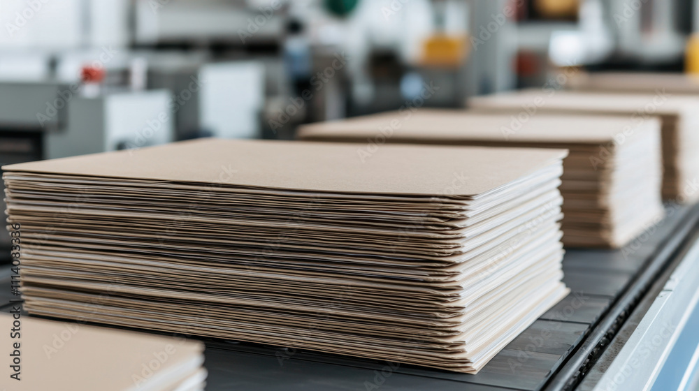 Book factory. A stack of neatly arranged cardboard sheets on a conveyor belt in a production setting, showcasing industrial efficiency and organization. Book factory. A stack of neatly arranged cardboard sheets on a conveyor belt in a production setting, showcasing industrial efficiency and organization.