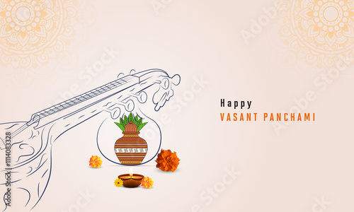 Happy Vasant Panchami with creative concept. Maa Saraswati Pooja India holiday Background with rangoli, Vasant Panchami celebration . Greeting card, 3d vector illustration. photo