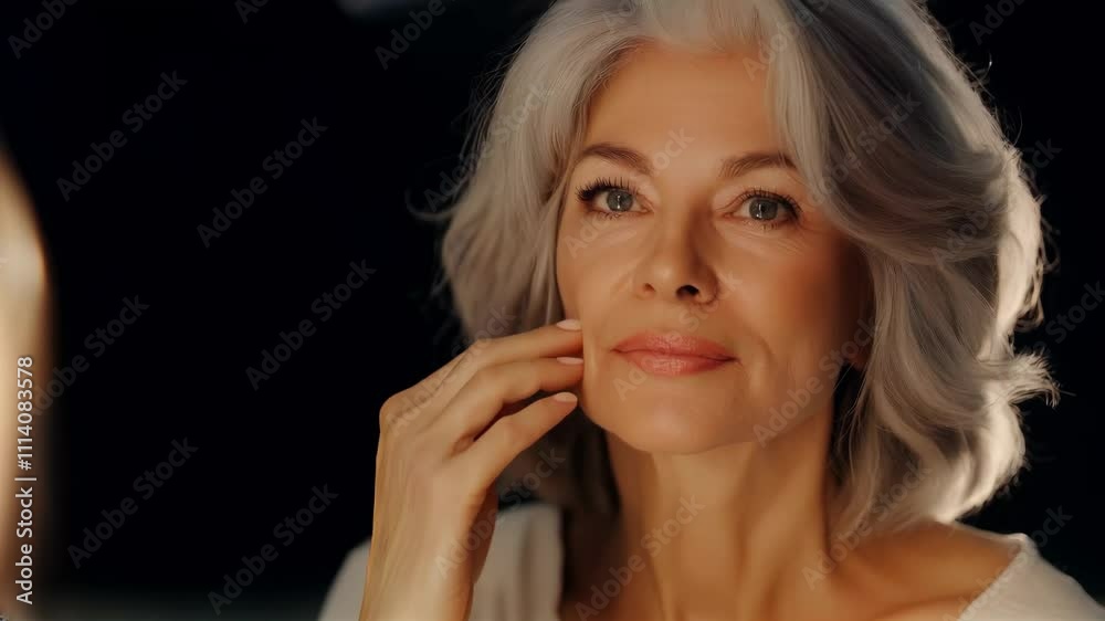 Senior Woman With Grey Hair Admiring Herself In Mirror Reflection Senior Woman With Grey Hair Admiring Herself In Mirror Reflection
