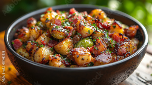 Delicious roasted vegetables with bacon served in a rustic bowl at a warm dining setting. Generative AI