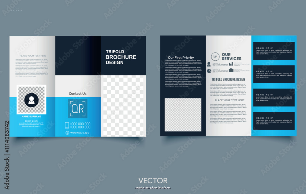 Blue trifold brochure with geometric abstract shapes. For presentation and printing. Blue trifold brochure with geometric abstract shapes. For presentation and printing.