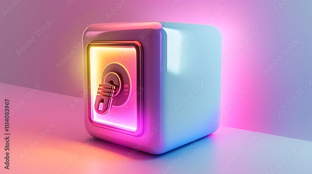 Neon-lit cube with a keyhole, symbolizing digital security or data protection. Neon-lit cube with a keyhole, symbolizing digital security or data protection.