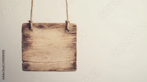 Blank wooden sign hanging with twine for messages photo