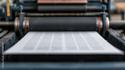 Book factory. A close-up of an old printing press in action, showcasing a sheet of paper being printed with text, highlighting the mechanics of traditional print production.