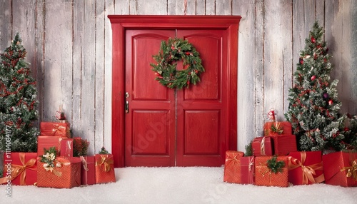 Red vintage rustic barn door, backdrop for photography, Christmas trees with gifts and Christmas decorated