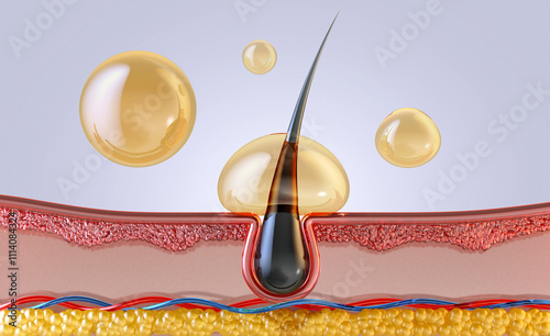 Microscopic view of hair follicle, oil droplets. 3D illustration of haircare shampoo, conditioner, serum. Nourishing effects of hair care product. Healthy hair, scalp treatment, cosmetic technology