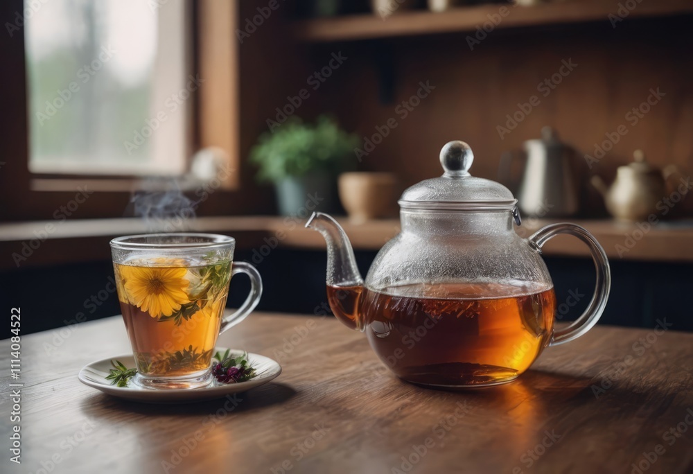 A glass cup of steaming tea and teapot on a wooden table A glass cup of steaming tea and teapot on a wooden table