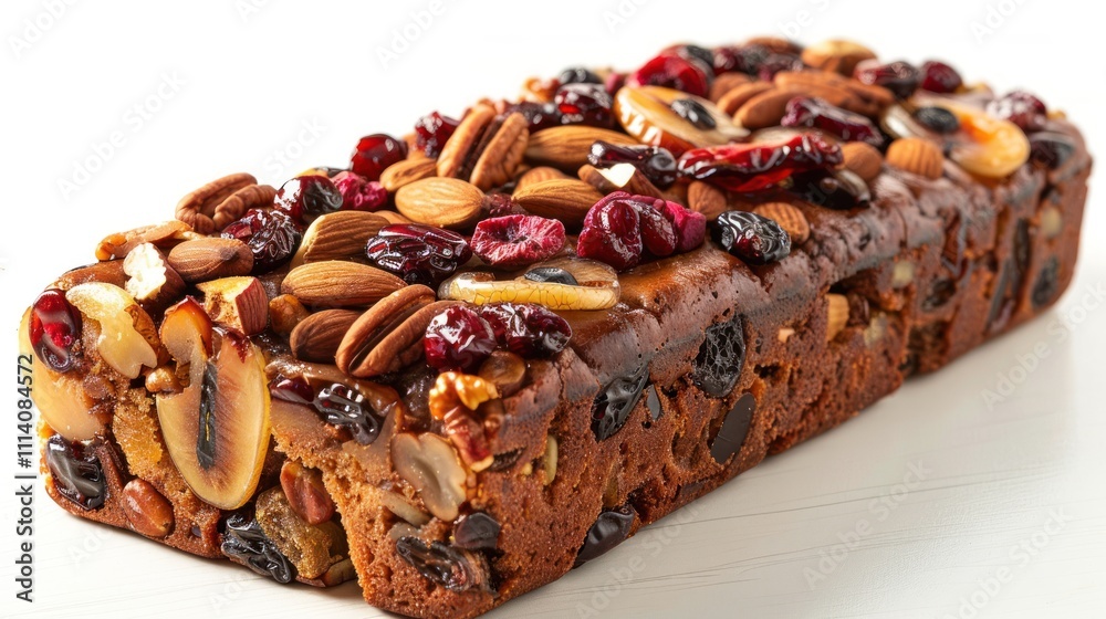 A rich fruit and nut cake, showcasing a variety of dried fruits and nuts on top. A rich fruit and nut cake, showcasing a variety of dried fruits and nuts on top.