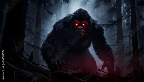 Multiple glowing red eyes peer out from the darkness of a dense, ancient forest, as Bigfoot leads the unseen predators.