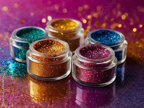 Colorful Glitter Jars Arranged On A Purple Surface photo