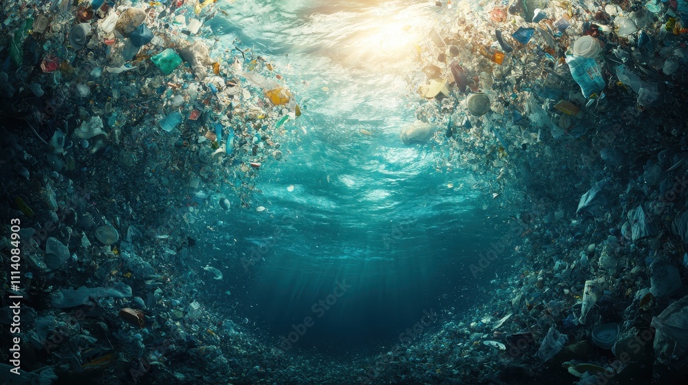 A massive garbage patch floating in the ocean, a stark accumulation of plastic waste and debris swirling in the currents. The disturbing sight underscores the scale of marine pollution and the. A massive garbage patch floating in the ocean, a stark accumulation of plastic waste and debris swirling in the currents. The disturbing sight underscores the scale of marine pollution and the.