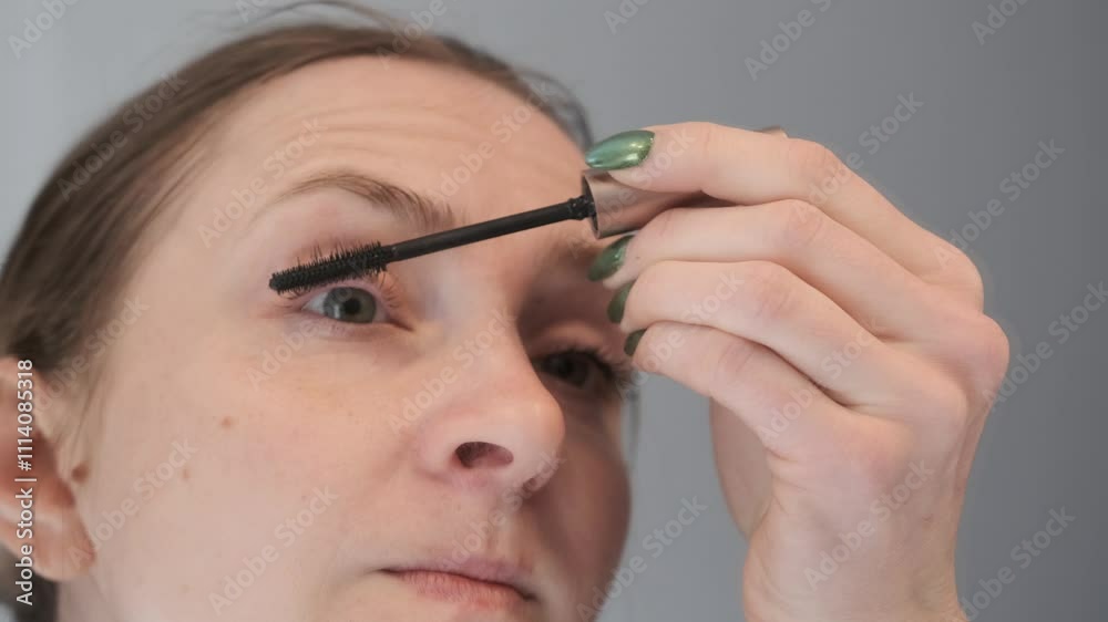 Woman applying mascara to her eyelashes showcases a meticulous beauty routine in a captivating slow motion shot Woman applying mascara to her eyelashes showcases a meticulous beauty routine in a captivating slow motion shot