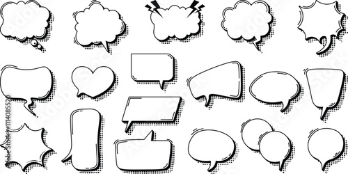 Set of comic speech bubbles. Speech bubbles with halftone shadows. Hand drawn, retro cartoon stickers. Pop art style. Vector illustration.