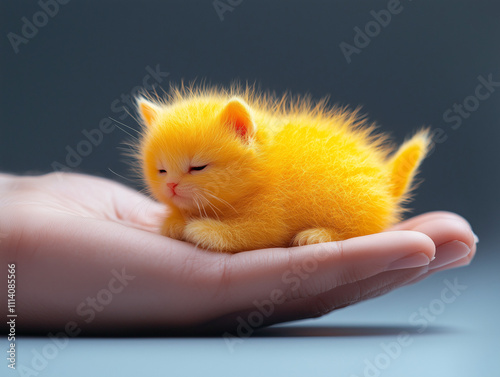 small yellow cat on human hand