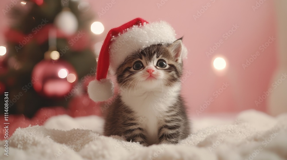 A lot of happy little baby kitten in santa claua hat set up like a Christmas tree. Cat enjoys Christmas. A lot of happy little baby kitten in santa claua hat set up like a Christmas tree. Cat enjoys Christmas.