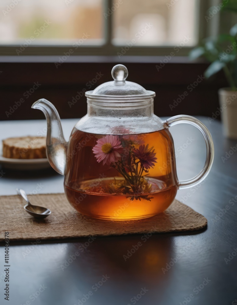 A glass cup of steaming tea and teapot on a wooden table A glass cup of steaming tea and teapot on a wooden table