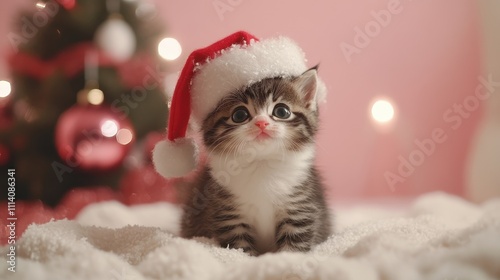 A lot of happy little baby kitten in santa claua hat set up like a Christmas tree. Cat enjoys Christmas.