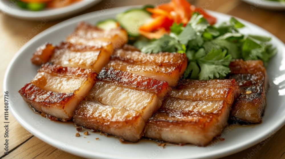 Grilled Pork Belly with Fresh Vegetables on a White Plate Grilled Pork Belly with Fresh Vegetables on a White Plate