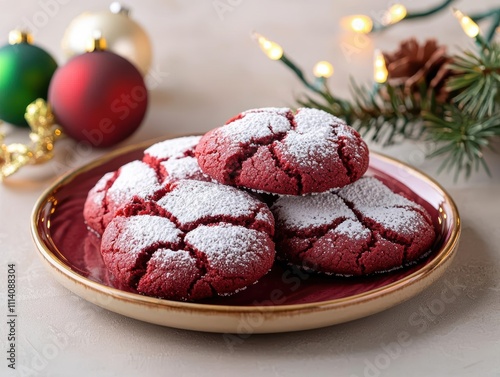 Delicious red velvet cookies dusted with powdered sugar, Christmas background.