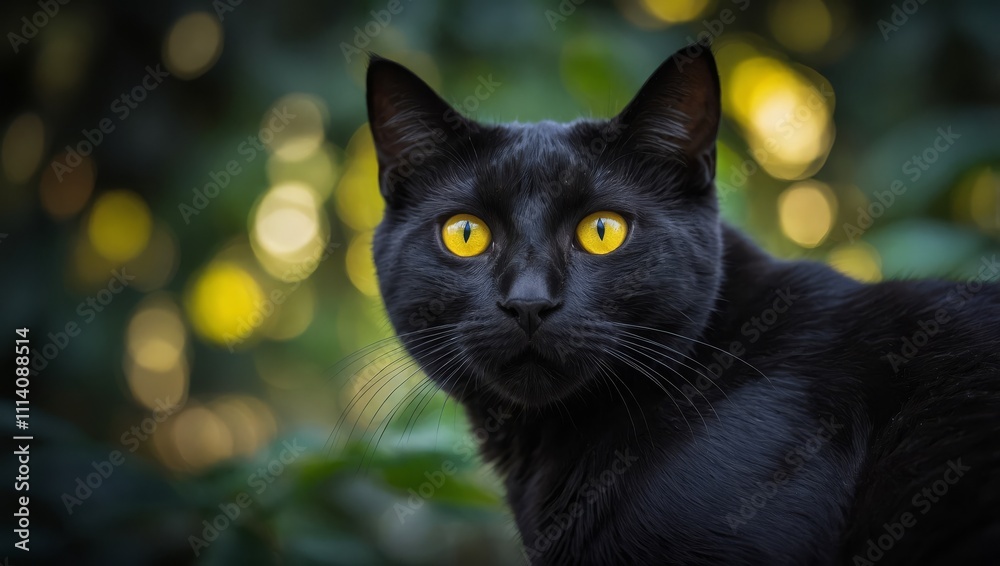 Fototapeta premium Black cat yellow eyes peering from the darkness