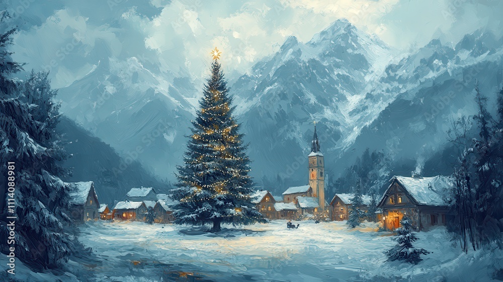 Fototapeta premium Beautiful village with a huge and beautiful christmas tree in painting style. Created using generative AI technology