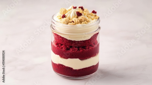 Delicious layered red velvet cake in a glass jar.