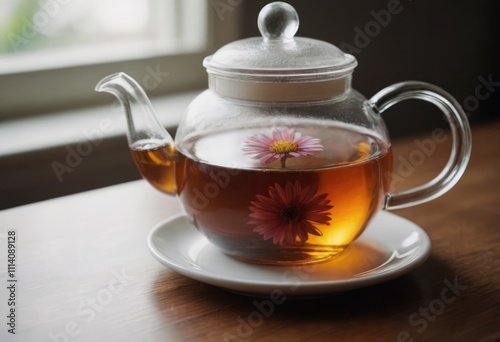 A glass cup of steaming tea and teapot on a wooden table