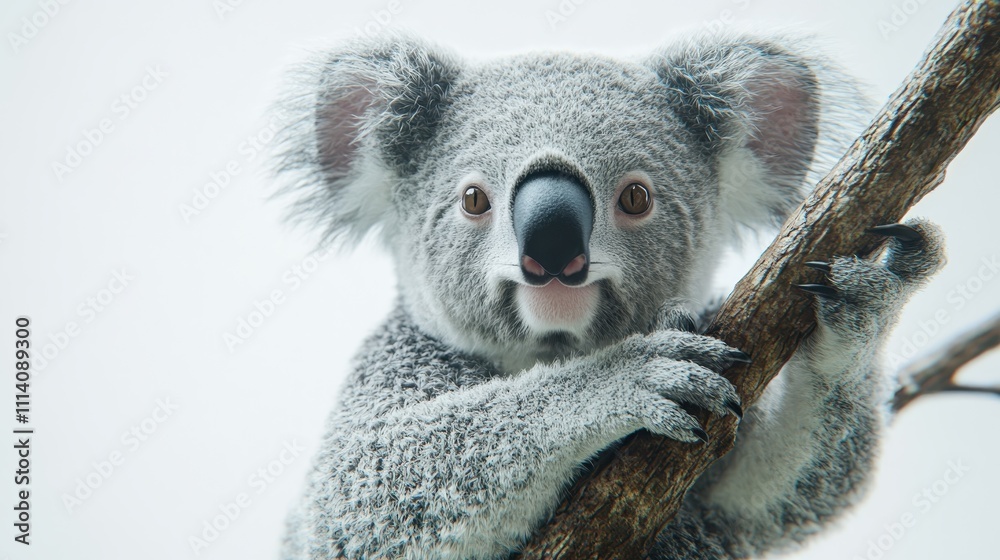 Naklejka premium Koala gripping a tree branch isolated on a white background. Image made using Generative AI