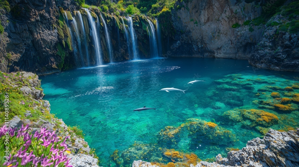 Serene Waterfall Oasis with Dolphins in Tropical Landscape Serene Waterfall Oasis with Dolphins in Tropical Landscape