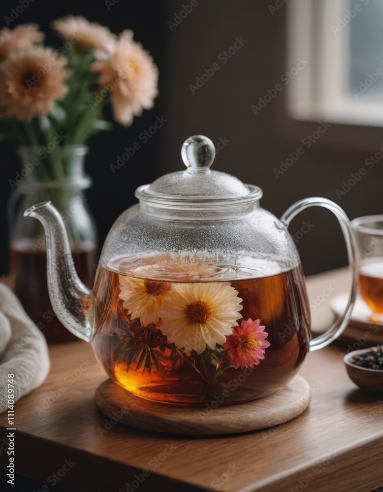 A glass cup of steaming tea and teapot on a wooden table A glass cup of steaming tea and teapot on a wooden table