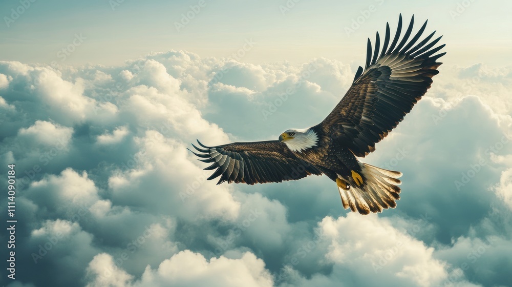 Naklejka premium Eagle soaring majestically above fluffy clouds