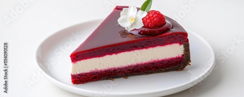 Delicious red velvet cake slice on a white plate, topped with fruit.