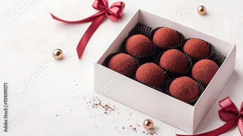 Delicious chocolate truffles in a festive gift box with ribbons.