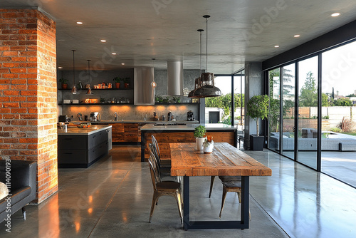 Modern Industrial Kitchen Dining Area With Brick Accent Wall photo