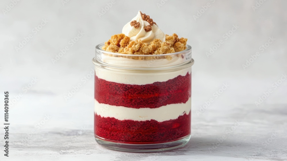 Delicious layered red velvet dessert in a glass jar with cream.