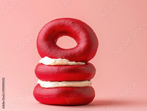 Three vibrant red donuts with creamy filling on a pink background.