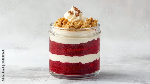Obraz na płótnie Delicious layered red velvet dessert in a glass jar with cream. w salonie