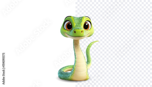 Adorable green cartoon snake with big expressive eyes and a playful pose, isolated on a transparent background for versatile use  postcard template for congratulations on 2025. 3D vector illustration