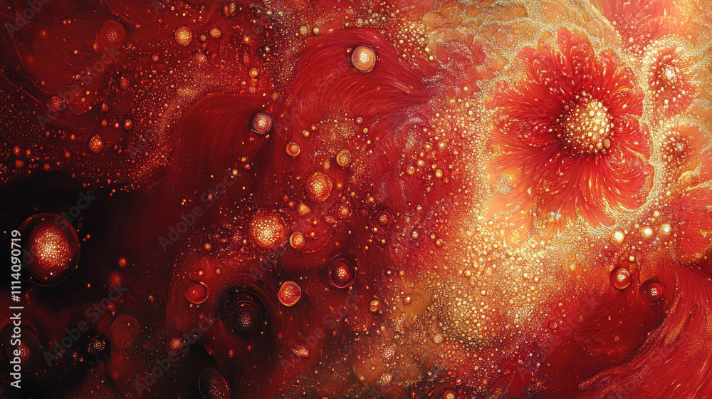 A close-up of bright red and gold fireworks exploding in intricate patterns over a lively celebration A close-up of bright red and gold fireworks exploding in intricate patterns over a lively celebration