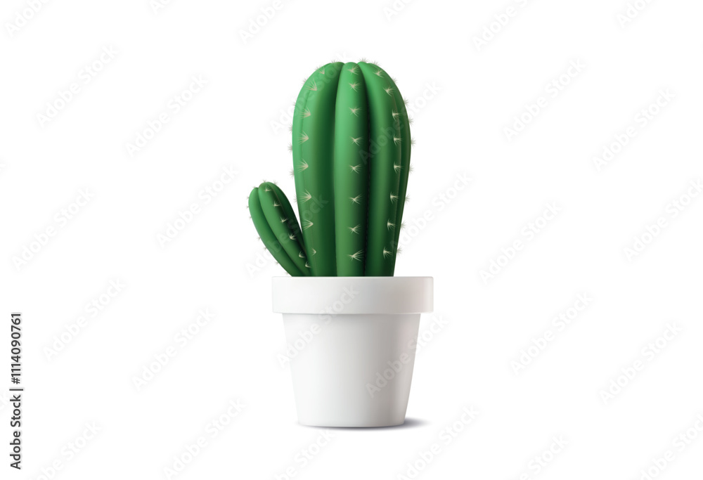 Minimalist cactus plant with green spines in a sleek white ceramic pot, isolated on a clean white background. 3D vector illustration Minimalist cactus plant with green spines in a sleek white ceramic pot, isolated on a clean white background. 3D vector illustration
