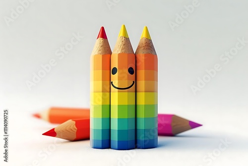 Three rainbow colored pencils forming a smiling face with two additional pencils in the background.