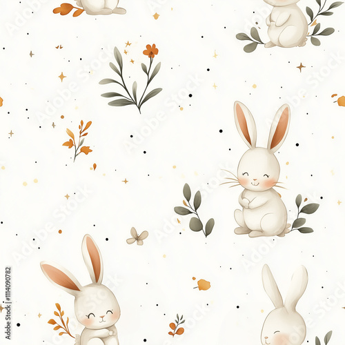 cute watercolour bunnies and florals seamless pattern