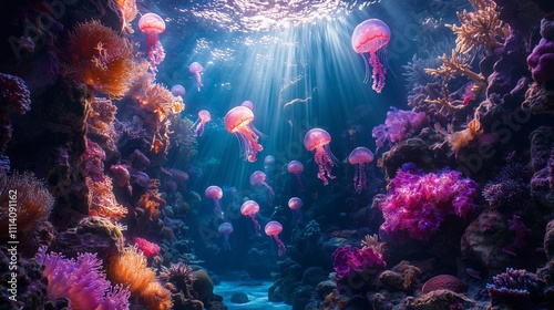 Vibrant Underwater Scene with Colorful Jellyfish and Coral