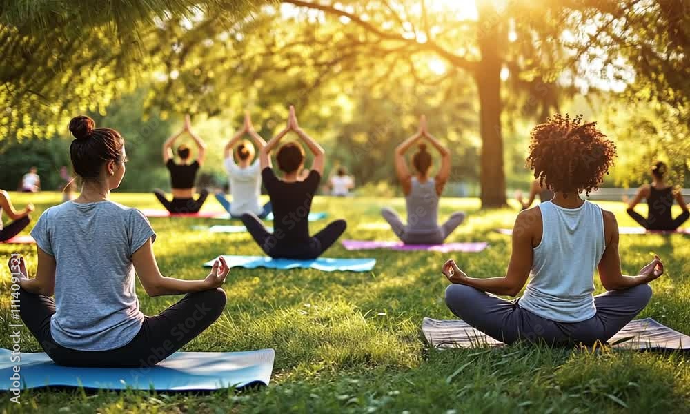 A group of people practicing yoga outdoors in a serene, sunlit park setting.
