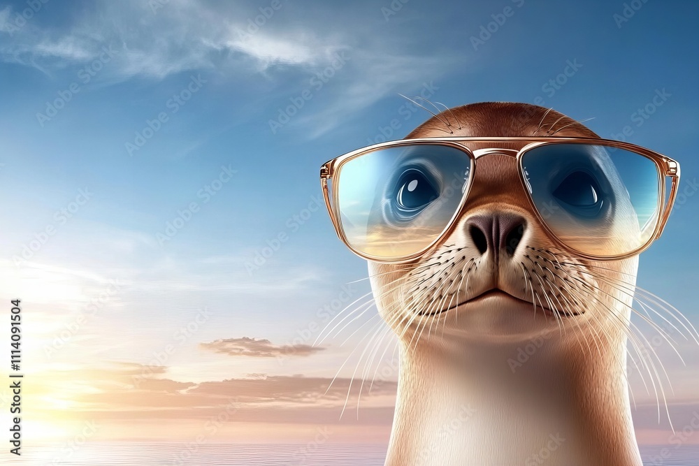 Fototapeta premium Cool seal wearing sunglasses with ocean background at sunset